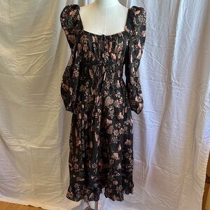 Ulla Johnson Black and Pink Floral Long Sleeve Dress